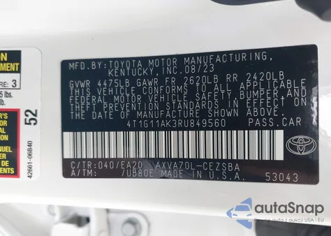 2024 Toyota Camry Se z USA, uszkodzony, nr VIN 4T1G11AK3RU849560
